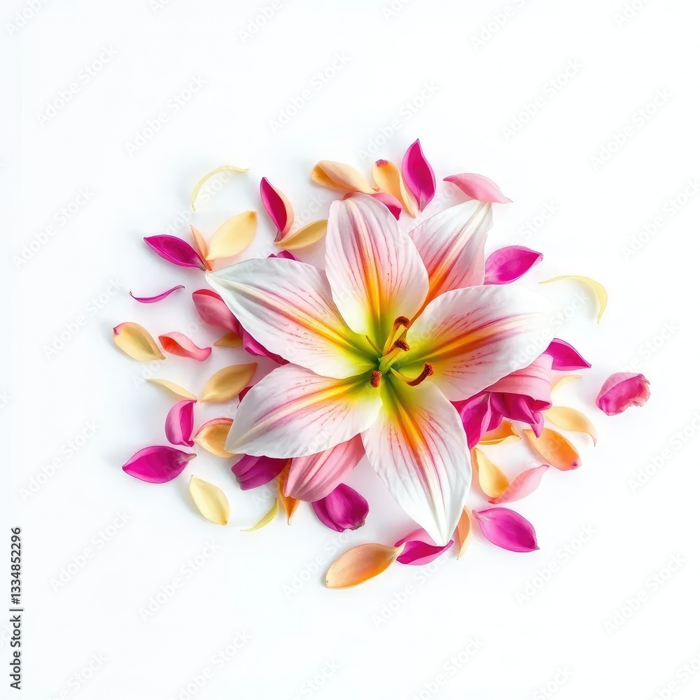 Fototapeta premium Delicate flower petals scattered around a single lily on a white background, Simple, Nature