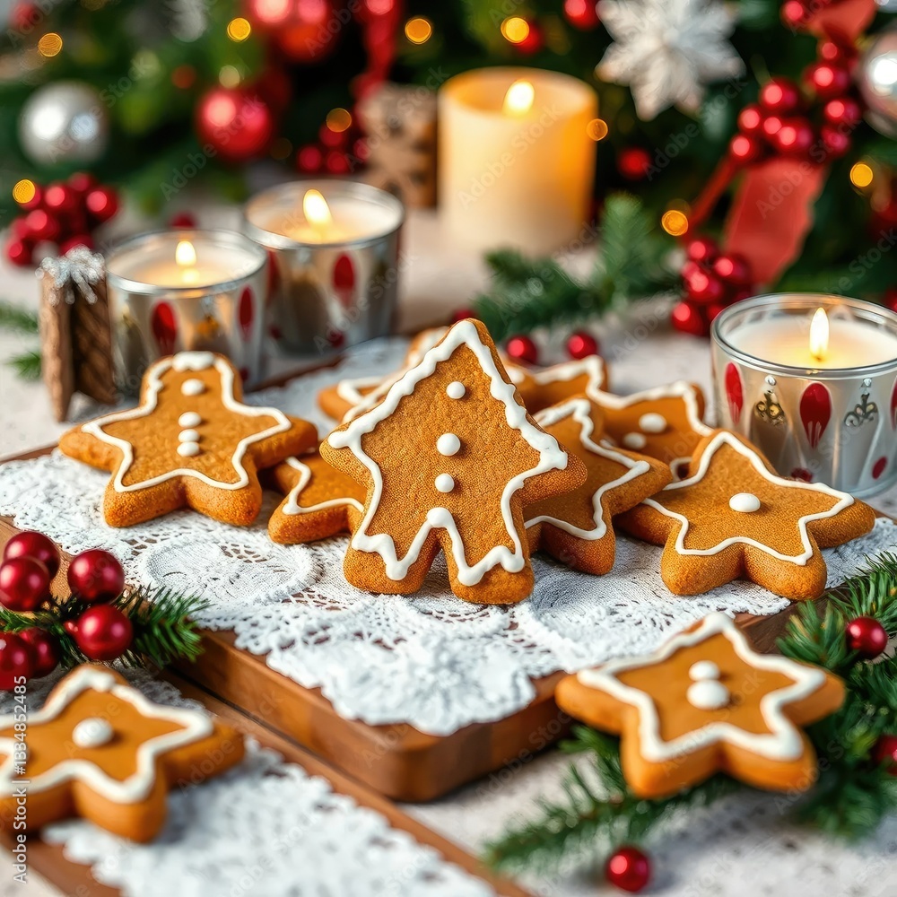 Delicate gingerbread cookies on a festive table, holiday decor, gingerbread Delicate gingerbread cookies on a festive table, holiday decor, gingerbread