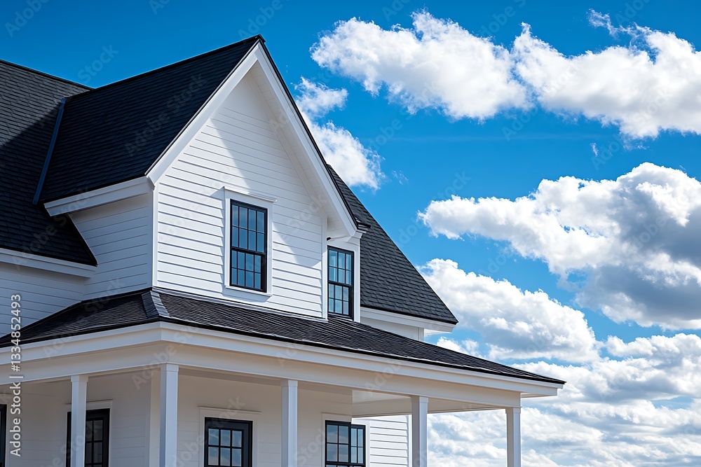 White farmhouse, porch, blue sky, clouds, real estate White farmhouse, porch, blue sky, clouds, real estate