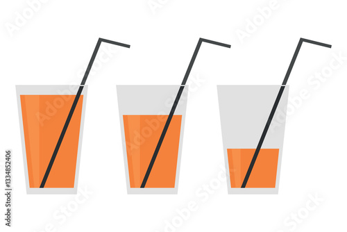 Set of glasses with fresh carrot juice and straw. Vector isolated icons set.