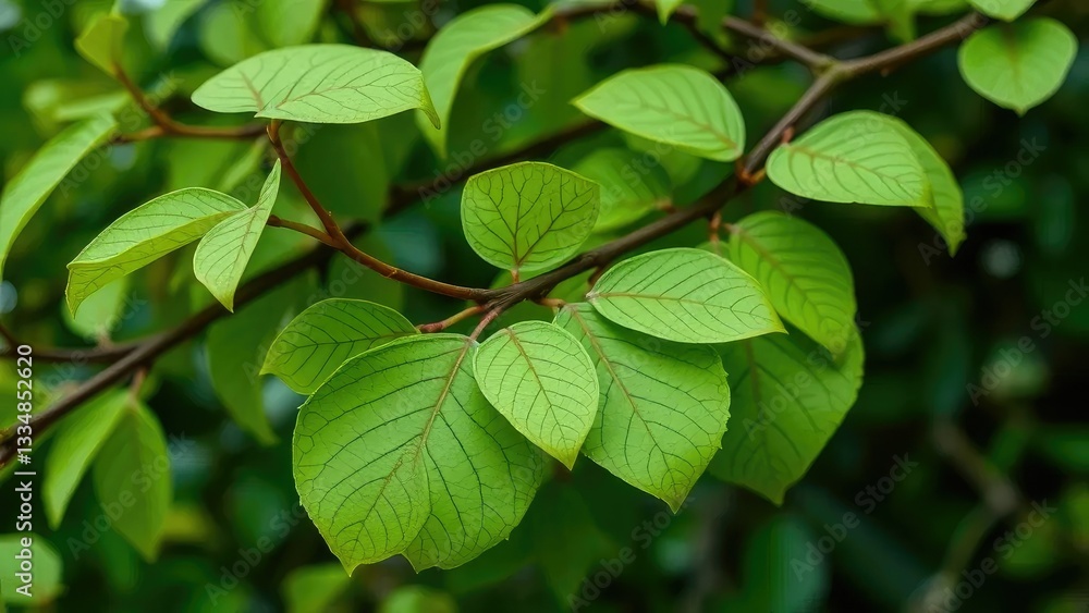 Delicate green leaves with intricate veins on a lush orchid tree branch, greenery, leaves, branches Delicate green leaves with intricate veins on a lush orchid tree branch, greenery, leaves, branches