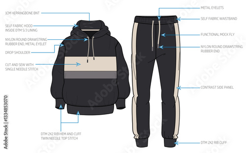Men's Athleisure Hoodie and Jogger tracksuit apparel technical tech pack.