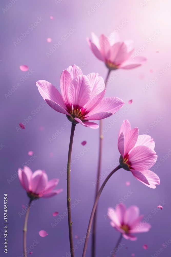 Fototapeta premium Delicate petal clusters float on lavender mist, isolated background, minimalist art, abstract blooms