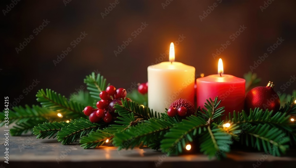 Festive candle arrangement with evergreen branches, candles, cozy Festive candle arrangement with evergreen branches, candles, cozy