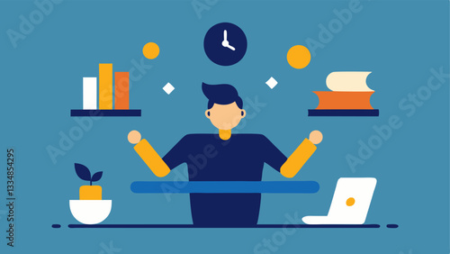 Multitasking Mayhem An illustration of a person at a desk trying to do multiple tasks at once with a clock showing time passing quickly emphasizing the frantic nature of modern