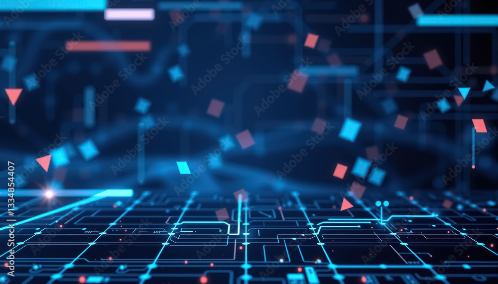 Obraz premium Abstract digital landscape with geometric shapes hovering above grid like circuit board
