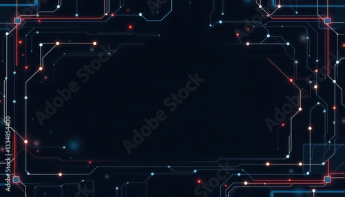Abstract electronic circuit board with glowing nodes lines and dark background Hi tech layout