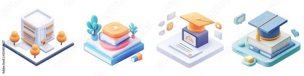 Isometric Education Icons Campus, Books, Graduation isolated on white or transparent png Isometric Education Icons Campus, Books, Graduation isolated on white or transparent png