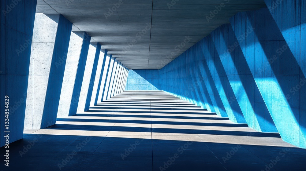 Fototapeta premium Modern architectural interior with blue shadows and concrete structure