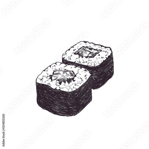 Vector freehand sushi scribble isolated on white background. Texture of writing materials. Handwritten Korean food doodles, pencil strokes. Drawing of a hand holding chopsticks and roll. Line art, ske