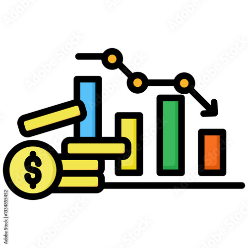 Down Market icon in Flat Color Style With Outline. Simple Vector Design. Simple Vector Flat Icon