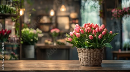 Wallpaper Mural Basket of Pink Tulips in a Cozy Flower Shop Interior Torontodigital.ca