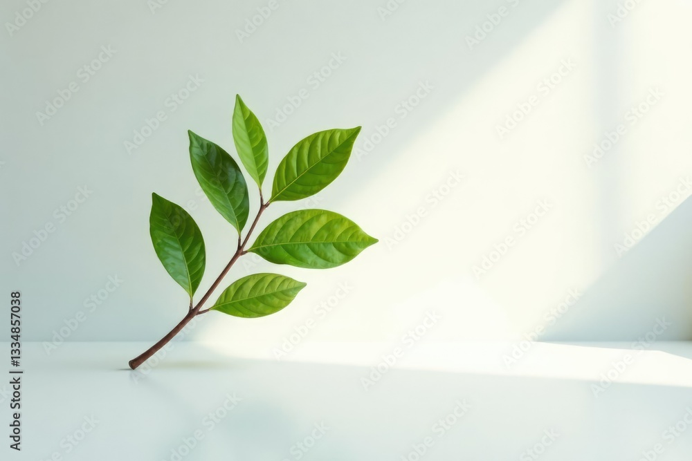 Obraz premium Single isolated branch on a plain white surface with visible light reflections, light, glassy