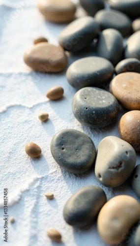 Smooth stones scattered on white towel with a few pebbles, rustic charm, natural elements