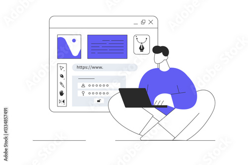 UX UI design concept. Interface elements and browser windows on webpage. Designer create user interface for digital screen. Flat Cartoon Vector Illustration, icon. Stylish abstract design UI and UX 
