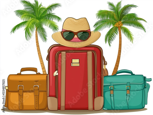 Drawing of vacation travel gear, suitcase, and backpack, for cover, web, or poster design.