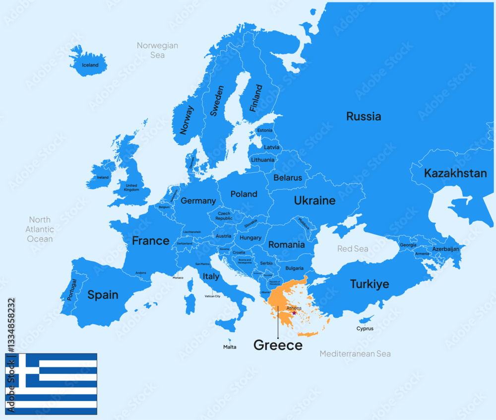 Obraz premium Greece vector map, Europe. Editable Vector map silhouette illustration isolated on Europe, highlighted at Greece, with flag, country name, border, and capital city.