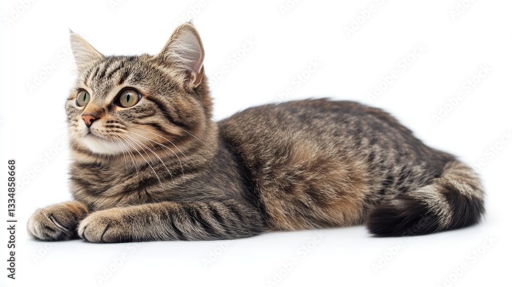 Lying tabby feline with a watchful expression, photographed against a pristine white background revealing its beautiful fur texture Lying tabby feline with a watchful expression, photographed against a pristine white background revealing its beautiful fur texture