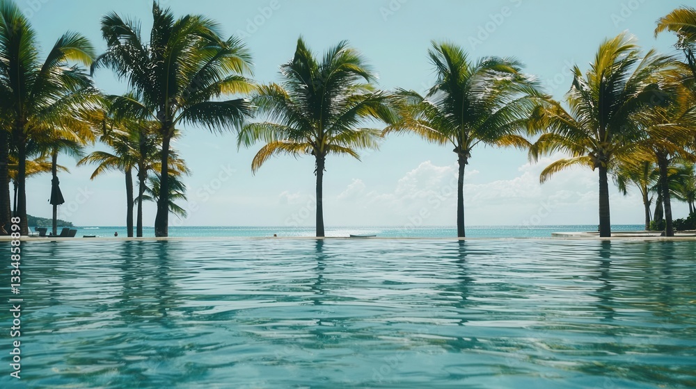 Tranquil Pool Scene with Palm Trees and Ocean View Tranquil Pool Scene with Palm Trees and Ocean View