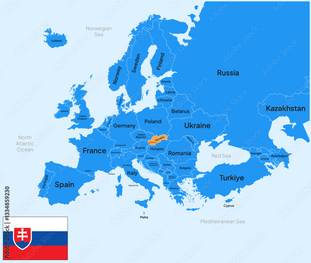 Fototapeta premium Slovakia vector map, Europe. Editable Vector map silhouette illustration isolated on Europe, highlighted at Slovakia, with flag, country name, border, and capital city.
