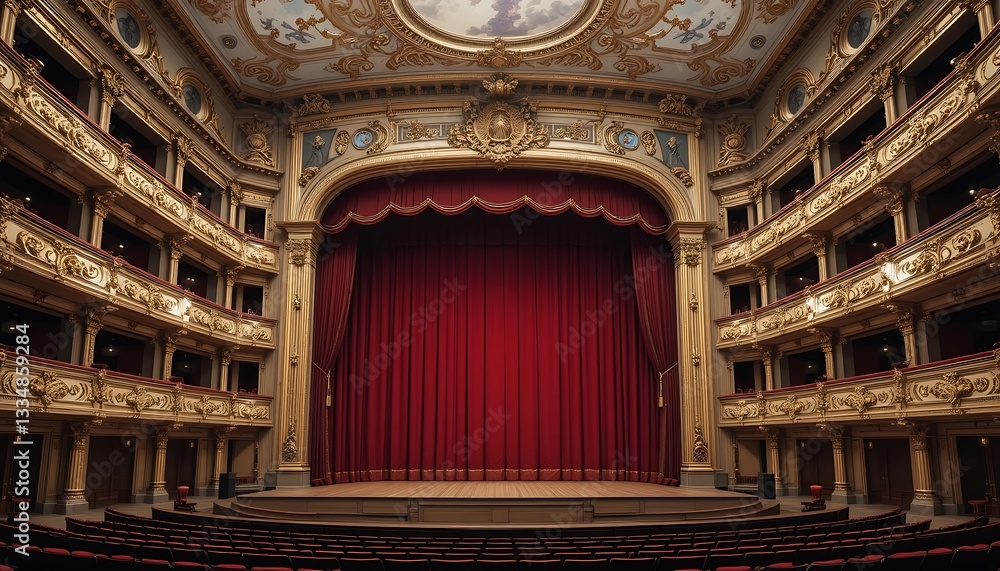 Obraz premium Empty Stage and Seating in a Grand Theater with Red Curtains