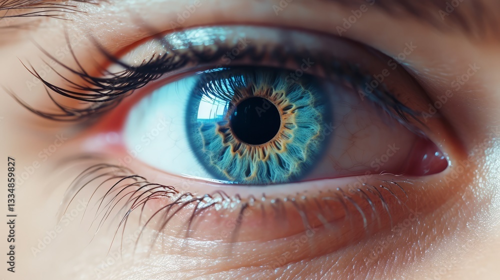 Fototapeta premium Macro shot of a stunning blue eye with detailed iris and eyelashes, capturing the beauty and intricacy of human anatomy