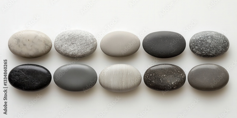 Arranged pebbles in grayscale create a calming, textured row. Unique speckles and varying shapes add subtle visual interest Arranged pebbles in grayscale create a calming, textured row. Unique speckles and varying shapes add subtle visual interest