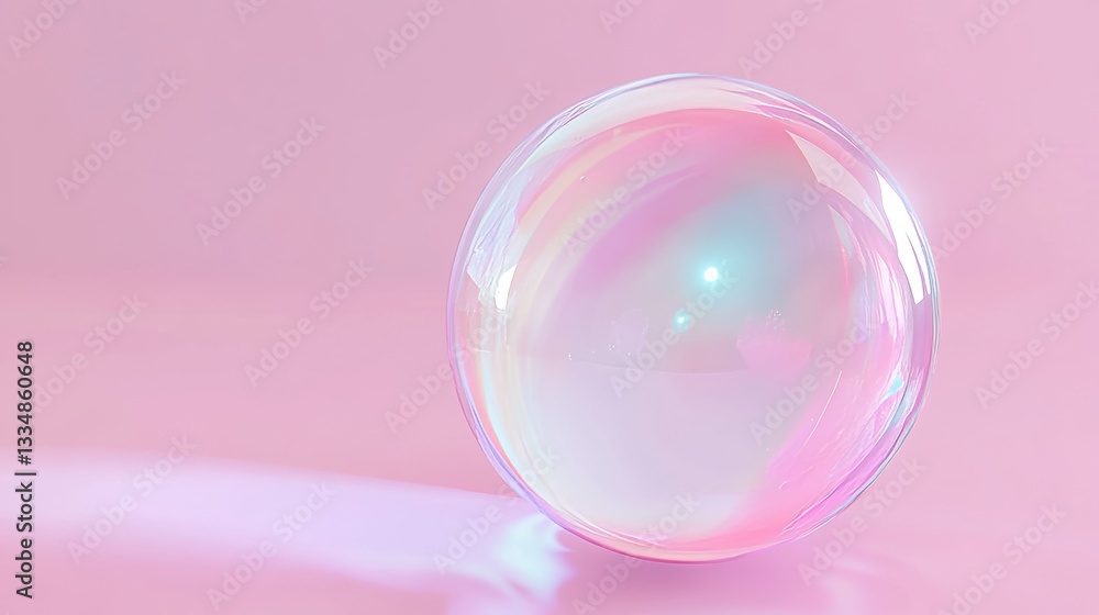Magical iridescent sphere resting gracefully on a soft pink surface, casting delicate shadows and reflecting a dreamy world of pastel hues Magical iridescent sphere resting gracefully on a soft pink surface, casting delicate shadows and reflecting a dreamy world of pastel hues