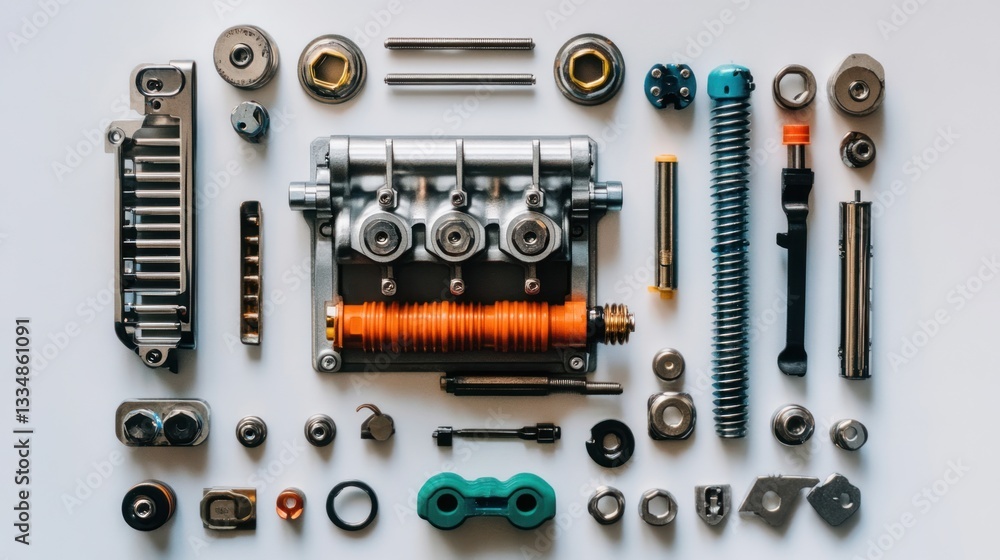 Flat lay of various mechanical parts, including a central engine component, arranged on a white background. Flat lay of various mechanical parts, including a central engine component, arranged on a white background.