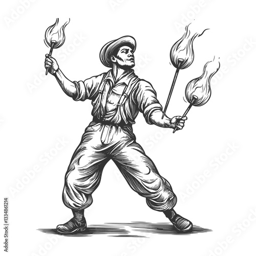 Vintage Performer Juggling Flames in Black and White Illustration