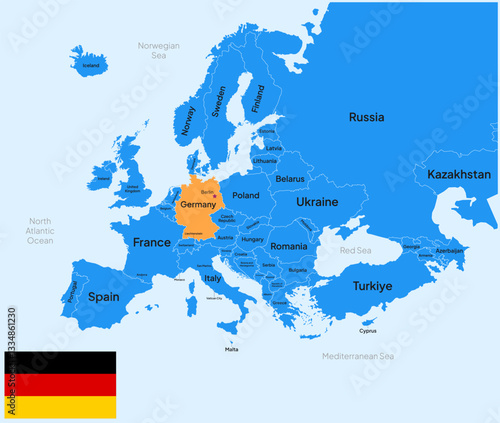 Germany vector map, Europe. Editable Vector map silhouette illustration isolated on Europe, highlighted at Germany, with flag, country name, border, and capital city.