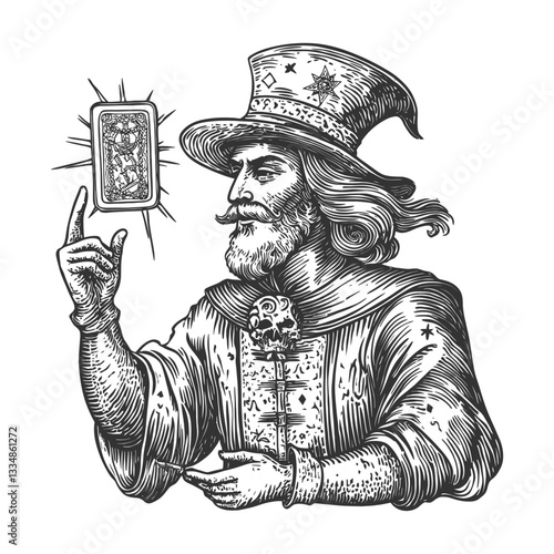 Mysterious Wizard Holding Tarot Card in Magical Illustration