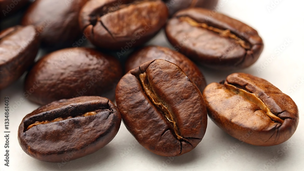 Obraz premium Roasted Coffee Beans Close-Up: Explore Rich Brown Textures & Aromas on a White Surface - Perfect for Coffee Lovers & Drinkers..