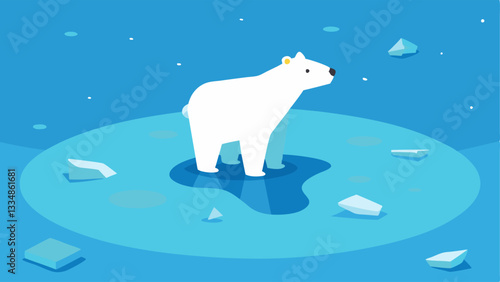 Polar Bear with Plastic A polar bear standing on a small piece of floating ice surrounded by plastic debris looking lost in a vast polluted ocean.