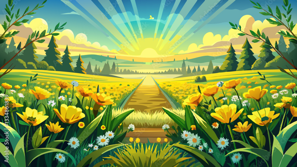 Fototapeta premium sunlight, A detailed description of the stock photo A symmetrical summer landscape showcasing a picturesque field of yellow wildflowers creating a vibrant and stunning floral