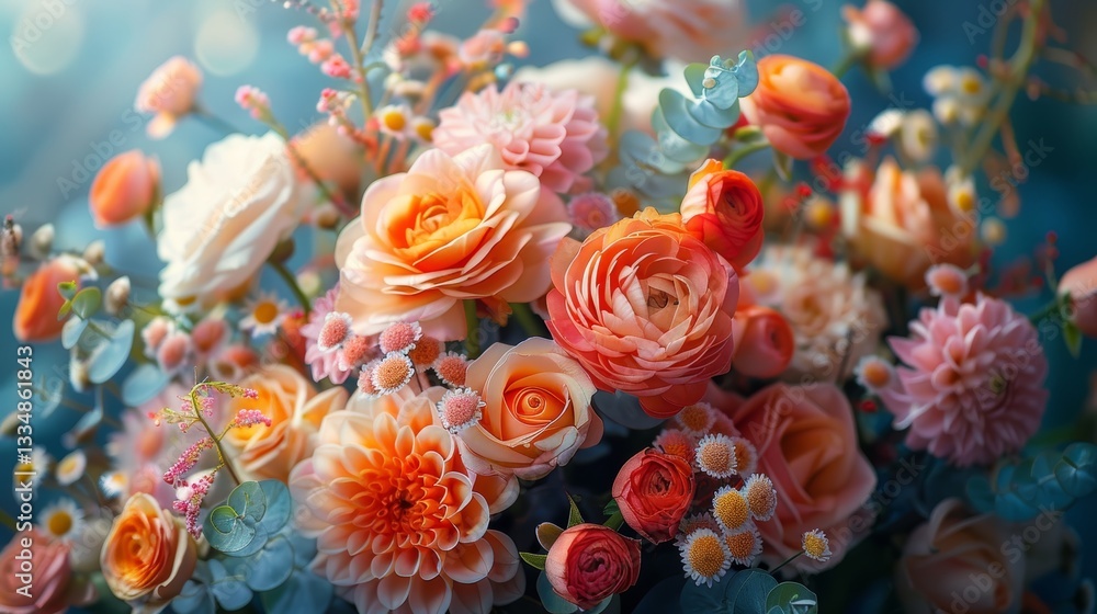 Magnificent close-up of a stunning floral arrangement featuring roses and dahlias in a harmonious blend of peach and pink tones. Magnificent close-up of a stunning floral arrangement featuring roses and dahlias in a harmonious blend of peach and pink tones.
