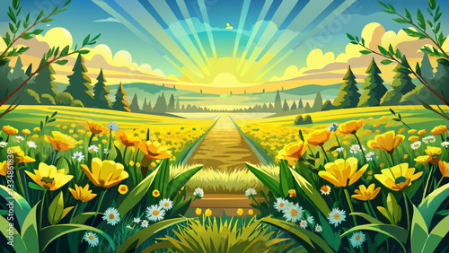 sunlight, A detailed description of the stock photo A symmetrical summer landscape showcasing a picturesque field of yellow wildflowers creating a vibrant and stunning floral