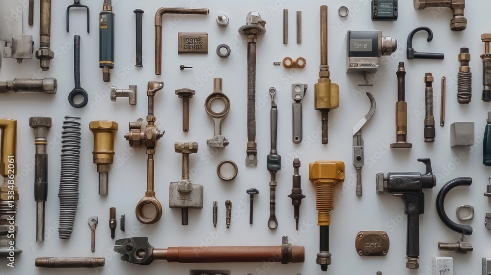 Fototapeta premium Flat lay of various metal tools and parts arranged on white background.