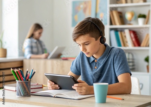 A focused student sitting at a desk using a tablet for online learning. The classroom setting includes books and a cup of pens in the background