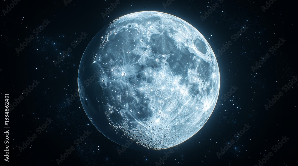 Magnificent detailed digital rendering of the full moon showcasing its cratered surface and textures illuminated against the dark expanse of space filled with twinkling stars Magnificent detailed digital rendering of the full moon showcasing its cratered surface and textures illuminated against the dark expanse of space filled with twinkling stars