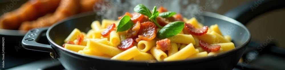 Steaming hot pot of homemade pasta with crispy bacon and fresh spinach on the stovetop, cooking pot, bacon Steaming hot pot of homemade pasta with crispy bacon and fresh spinach on the stovetop, cooking pot, bacon