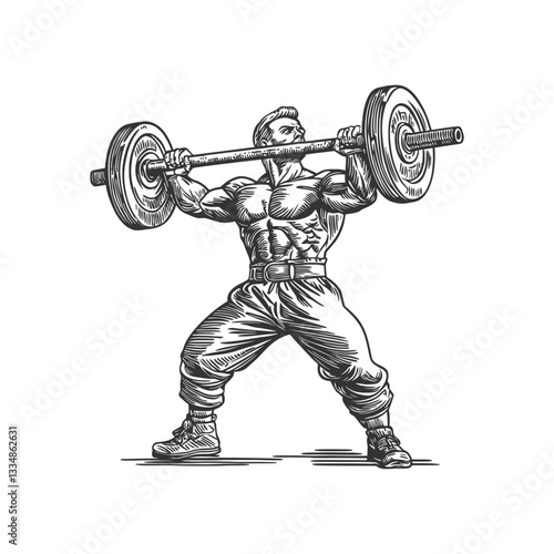 Strongman Lifting Barbell in Vintage Style Drawing Illustration