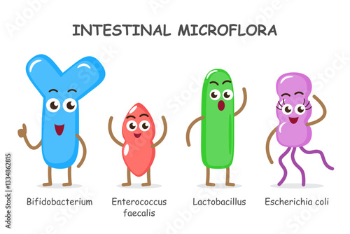Intestinal microflora . Collection of cute medical microbiome cartoon characters . Vector . Set 1 of 3 .