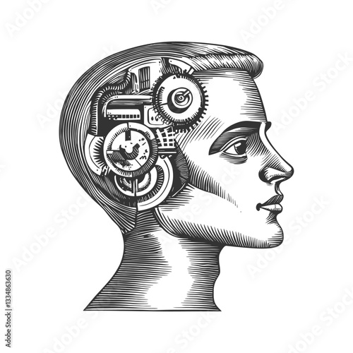 Human Profile with Mechanical Gears Integration in Black and White