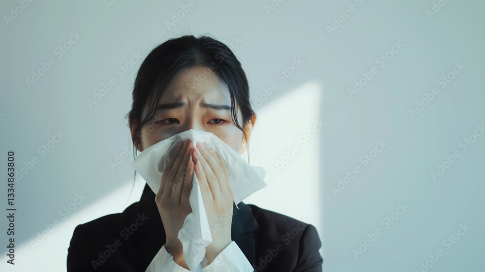 Asian businesswoman in suit is blowing her nose with a tissue, suffering from cold or allergy Asian businesswoman in suit is blowing her nose with a tissue, suffering from cold or allergy