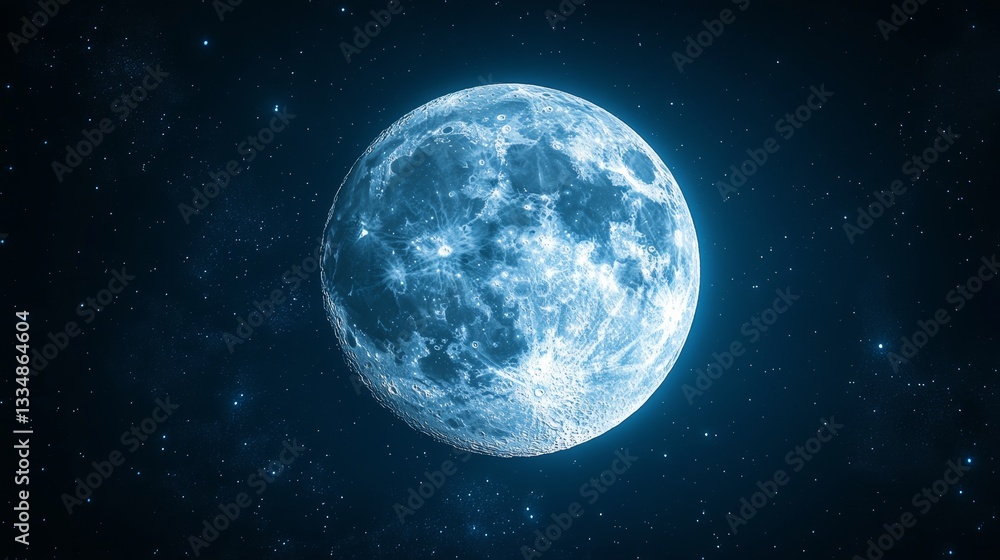 Majestic blue full celestial body in outer space with many stars in the dark background. Mystery and wonder. Majestic blue full celestial body in outer space with many stars in the dark background. Mystery and wonder.