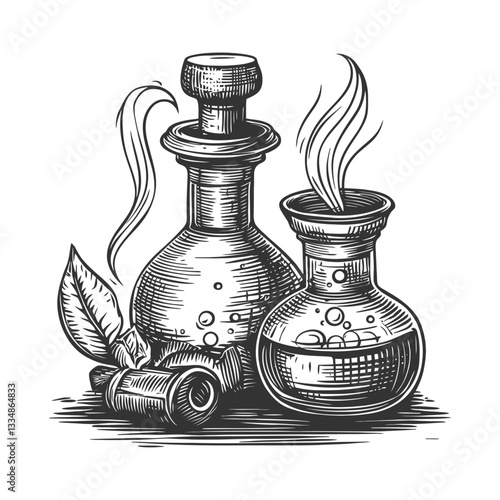 Vintage Glass Bottles with Steaming Essential Oils and Leaves