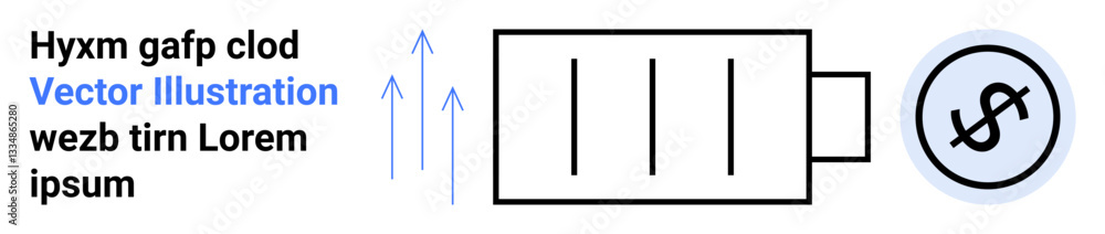 Battery icon with energy arrows pointing upward and dollar icon reflecting energy cost or savings. Ideal for renewable energy, efficiency, power usage, budgeting, sustainability, finances, simple Battery icon with energy arrows pointing upward and dollar icon reflecting energy cost or savings. Ideal for renewable energy, efficiency, power usage, budgeting, sustainability, finances, simple