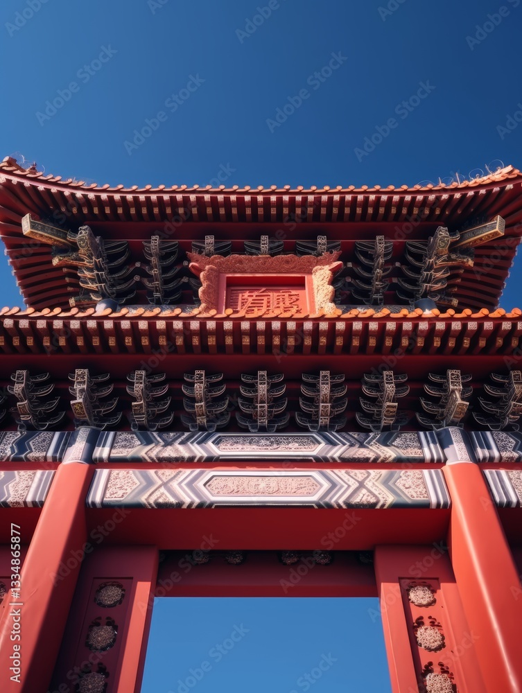 Majestic gateway construction with intricate details against a vivid blue sky, showcasing architectural craftsmanship and cultural heritage, a grand entrance to a world of wonder Majestic gateway construction with intricate details against a vivid blue sky, showcasing architectural craftsmanship and cultural heritage, a grand entrance to a world of wonder