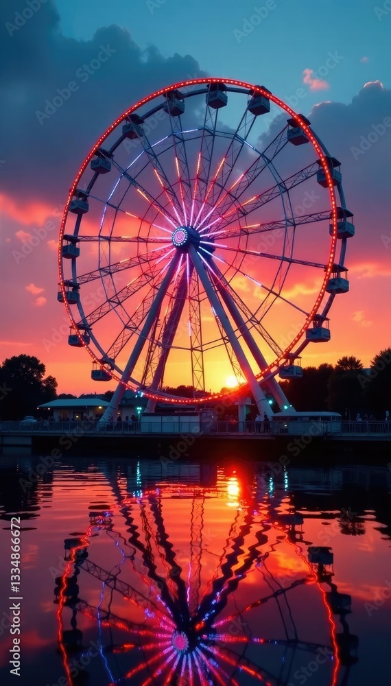 Ferris wheel at sunset with reflections in the water or a calm lake on a blue background, water, sunset Ferris wheel at sunset with reflections in the water or a calm lake on a blue background, water, sunset